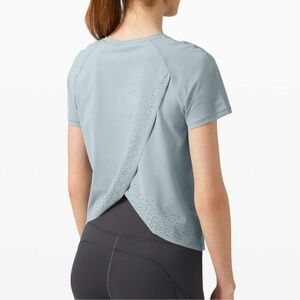 Lululemon Quick Pace Short Sleeve Laser Cut Detail Tee In Grey Workout